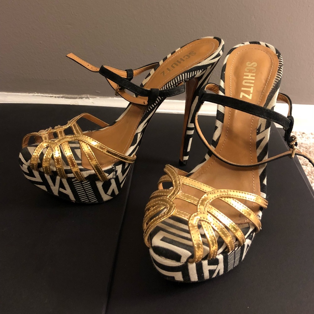 SHUTZ tribal black white and gold heels